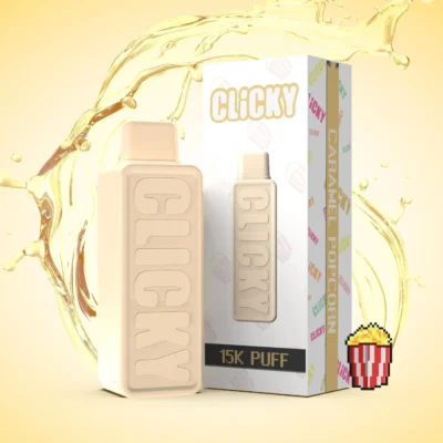 Clicky Caramel Popcorn 15k puff disposable vape. This delightful blend combines the rich, buttery flavor of movie-night popcorn with the sweet, creamy finish of golden caramel, delivering a nostalgic experience in every puff. Perfect for those who crave a warm, comforting treat, this vape pod brings the essence of caramel popcorn right to your fingertips—ideal for dessert lovers or anyone looking to enjoy a cozy flavor-packed session.
