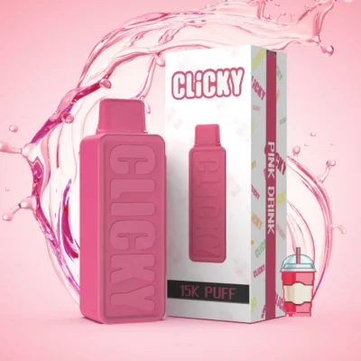 Vape pakai buang berwarna merah jambu dengan jenama 'CLICKY' dan reka bentuk kotak berwarna-warni, berlabel 'PINK DRINK 15K PUFF' di sebelah ilustrasi minuman merah jambu yang menyegarkan.